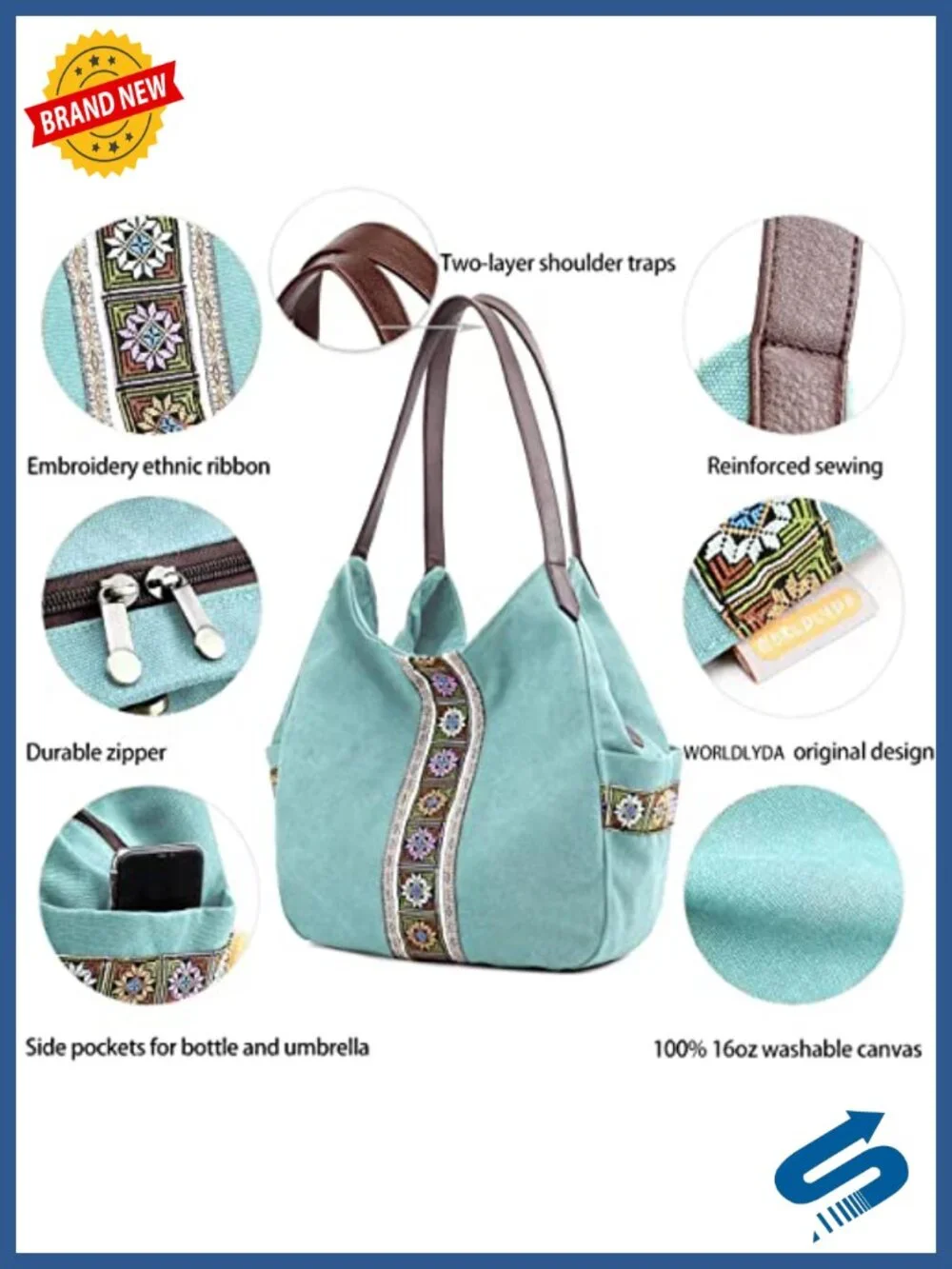 Women Canvas Hobo Purse Multi Pocket Tote Shoulder Bag Embroidered Ethnic Top